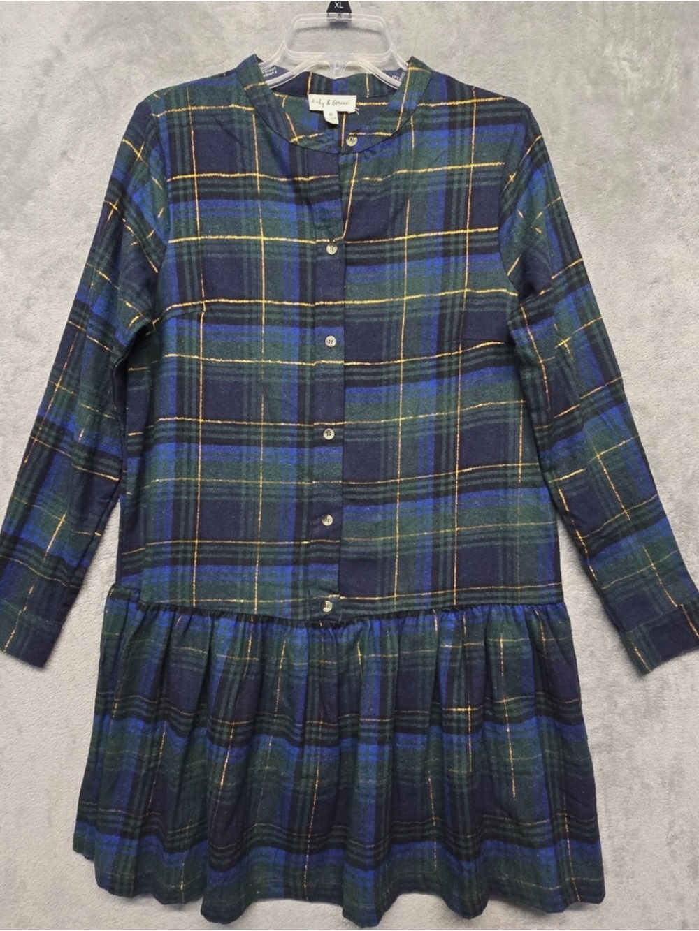 Girls' Navy and Green Plaid Long-Sleeve Dress